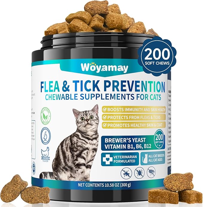 Flea Treatment for Cats, 200 Treats Flea and Tick Prevention for Cats Chewables, Natural Cat Flea and Tick Treatment Chews Daily Oral Flea Supplement, Kitten Cat Flea Treatment, Chicken Flavor