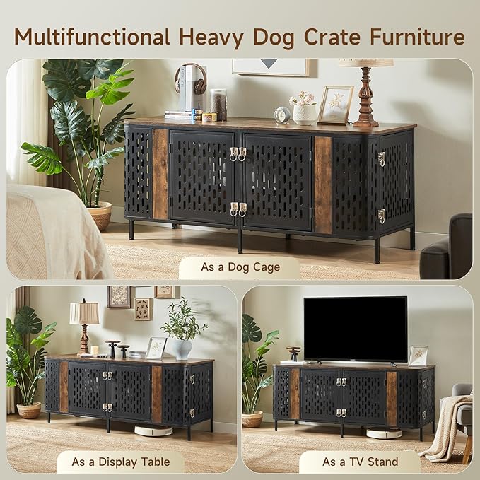 ONBRILL 63" Double Dog Crate Furniture for 2 Dogs, Heavy Duty Dog Crates with Divider for High Anxiety Dog, Escape Proof Pet Cage, Dog Kennel Furniture Indoor as TV Stand for Medium Large Dogs,Brown