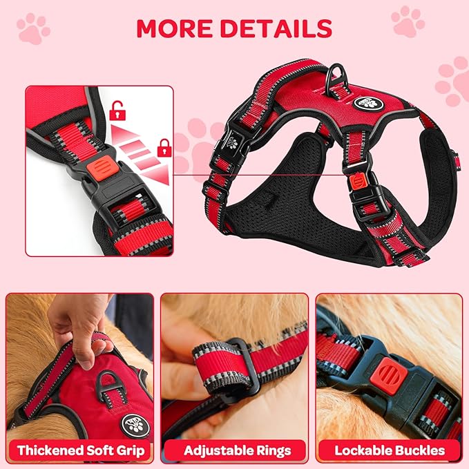 FURRYFECTION Dog Harness | No Pull Dog Harness | Reflective Oxford | Padded Handle | 4 Adjustable Straps | 2 Leash Clips | No Choke Pet Vest Harness for Small Medium Large Dogs | Red | M