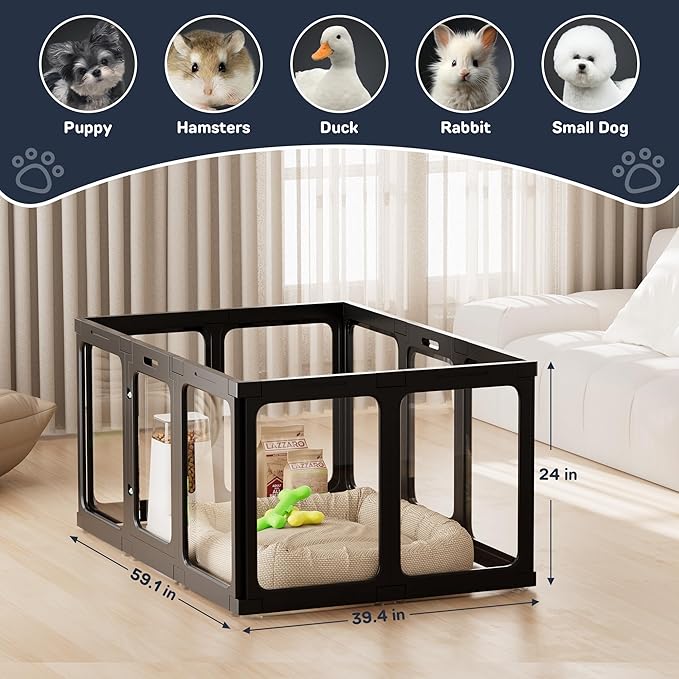 Jalove Dog Playpen, 24" Acrylic Plastic Pet Playpen with Door, Puppy Playpen, Indoor Dog Pen, Foldable, Customizable, Black 2 PCS