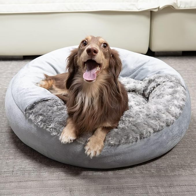 Cave Dog Bed with Blanket Donut Round Plush Cozy Cat Pet Bed for Puppy Machine Washable Removable Cover Cat Toy Anti-Slip Bottom Gray 26X26X8 inch