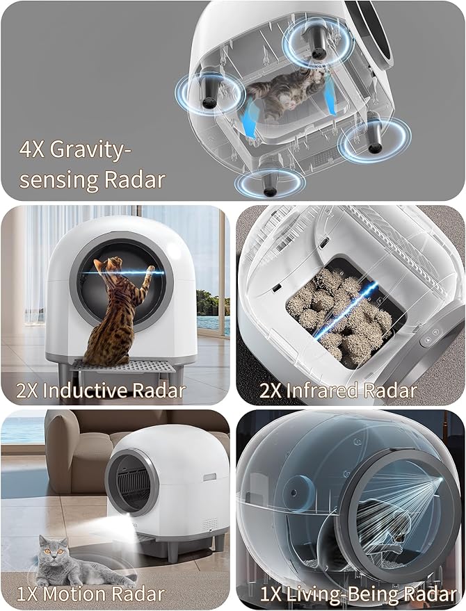 Automatic Cat Litter Box Self Cleaning,Smart Litter Box with 10 Safety Sensor Radars,100L Electric Cat Litter Boxes with Stairs for Multiple Cats,APP-Control,Advanced Odor Control OMCPET (White)