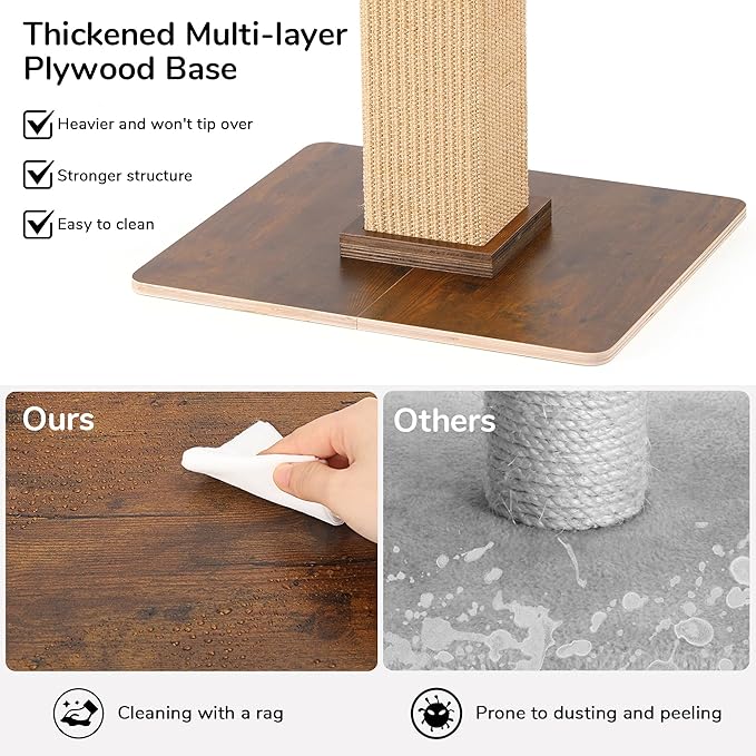 FUKUMARU Cat Scratching Post, Retro-Style Tall Scratch Posts with Perch for Infoor Cats Adults, Large Cat Scratcher Tower with Bed, Natural Sisal & Solid Wood