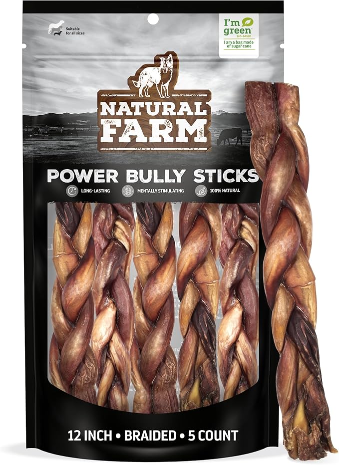 Natural Farm Braided Power Bully Sticks Dog Chews (12”, 5-Pack), 2-in-1 Power Chews: Premium Beef Cheek Wrapped in Beef Pizzle, Braided Together for a Very Long Lasting Chew, Great for Large Dogs