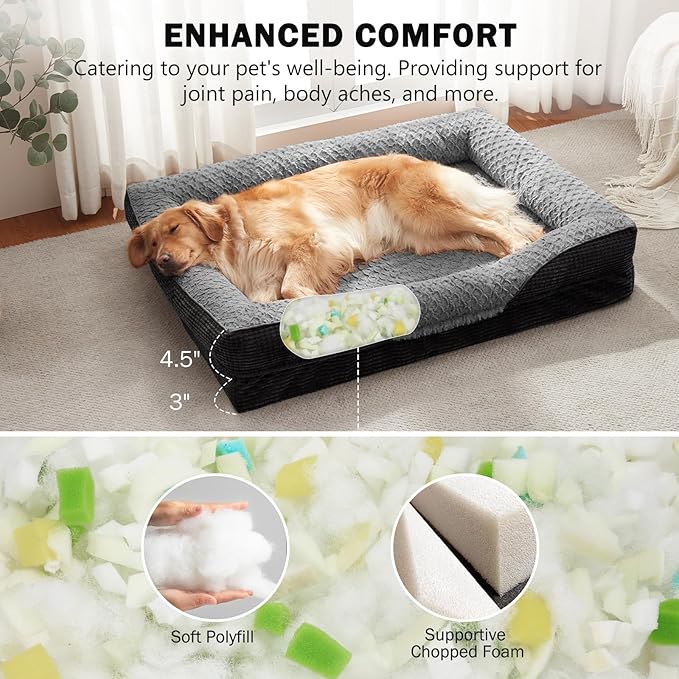 INVENHO Orthopedic Dog Beds Large Sized, XL Washable Egg-Crate Memory Foam Dog Couch Bed with Washable Removable Cover, Waterproof Lining and Nonskid Bottom