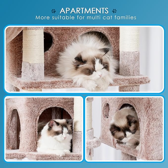 Hey-brother Cat Tree, 74 inches Multi-Level XL Large Cat Tower for Indoor Cats with Three Cat Condos, Two Large Top Decks and Cat Hairbrushfor Kittens, Cats and Pets,Muchroom MPJ035-MMU