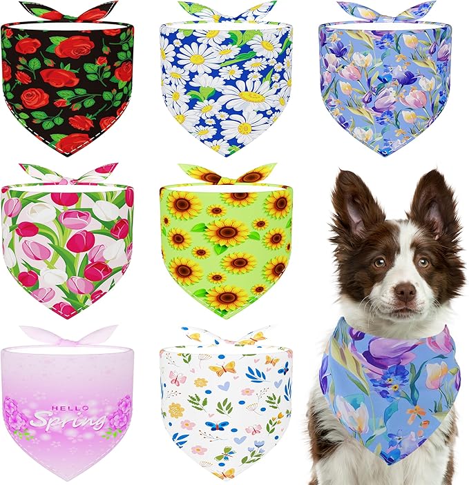 7 Pack Spring Dog Bandanas for Large Dogs Breed 33 Inch XL Summer Flowers Dog Bandana Adjustable Sewing Hemming Scarves Grooming L