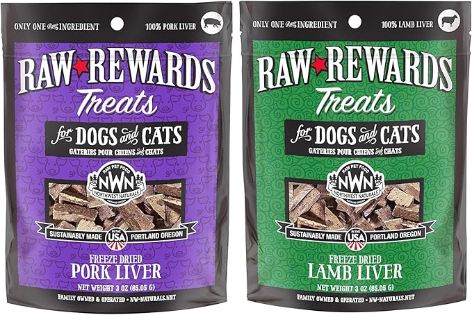Northwest Naturals Raw Rewards Freeze-Dried Treats - Pork Liver (3 oz) & Lamb Liver (3 oz) Treats for Dogs & Cats - Healthy, 1 Ingredient, Human Grade Ingredients, All Natural