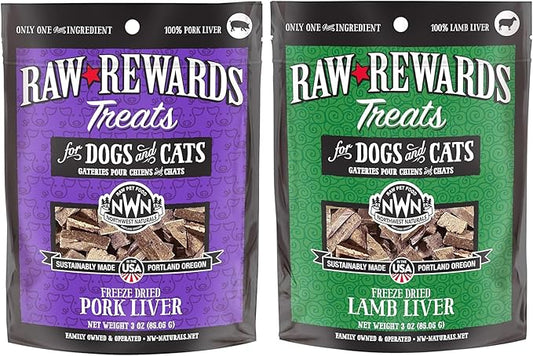 Northwest Naturals Raw Rewards Freeze-Dried Treats - Pork Liver (3 oz) & Lamb Liver (3 oz) Treats for Dogs & Cats - Healthy, 1 Ingredient, Human Grade Ingredients, All Natural