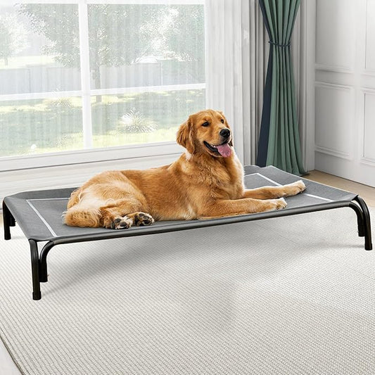 Elevated Dog Bed, Raised Outdoor Dog Bed for Large Sized Dogs, Portable Cooling Pet Cot with Breathable & Washable Mesh, Indoor & Outdoor Pet Hammock with Skid-Resistant Feet.