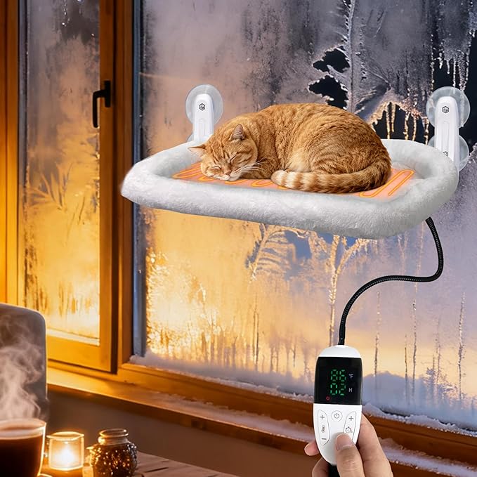 L&W BROS. 2PC Heated Cat Window Perches Adjustable Thermostat & Timer, Dual Window Hammocks with 8 Strong Suction Cups, Easy-to-Clean Warm Beds for Multi-Cat Homes, Holds Up to 50lbs Each (L 2PC)
