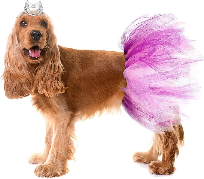 2 Pcs Dog Crown Headband Dog Tutu Dress Set Crystal Rhinestone Tiara Crown Tutu Skirt Pet Dress Costume for Puppy Birthday Party Wedding Photo Prop Costume(Medium,Pink Purple)