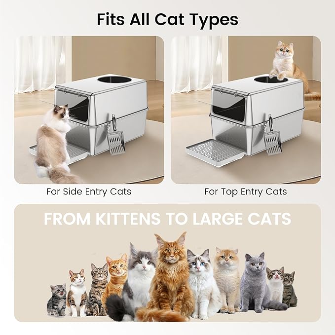 Stainless Steel Litter Box with Lid, Enclosed Metal with High Sides, Large Cat Litter Box, Dog-Proof, Odor Control, Easy to Clean,Durable with Round Edge (Frontal Opening)