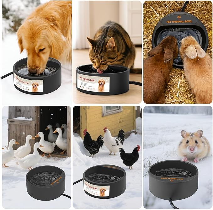 NAMSAN Heated Water Bowl for Outdoor Cats, 2.2L Heated Dog Bowl, Provides Drinkable Water in Winter, Heated Pet Drinker for Chickens Rabbits Birds Bath, Livestock Thermal Watering Trough, Black