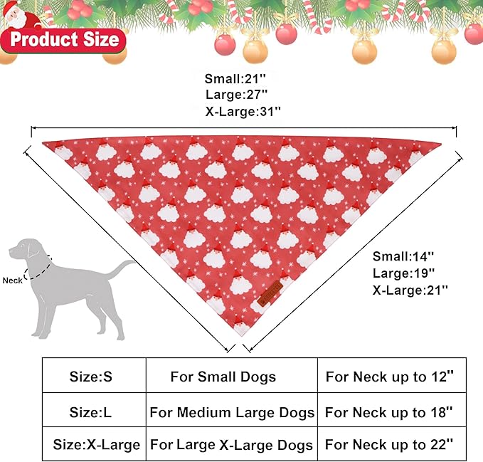 ADOGGYGO Dog Bandana Christmas Pet Scarf Bib Kerchief, Premium Durable Fabric, Red Green Santa Snowman Christmas Bandanas for Medium Large Dogs (Large)