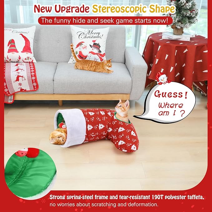 Pawaboo Cat Tunnel Christmas Sock with Bell Balls, Upgraded 2 Way Cat Tunnel Interactive Toy, Pet Xmas Stocking with Crinkle Paper & Strong Spring-Steel Frame for Cat Kitten Kitty, Red Christmas Tree