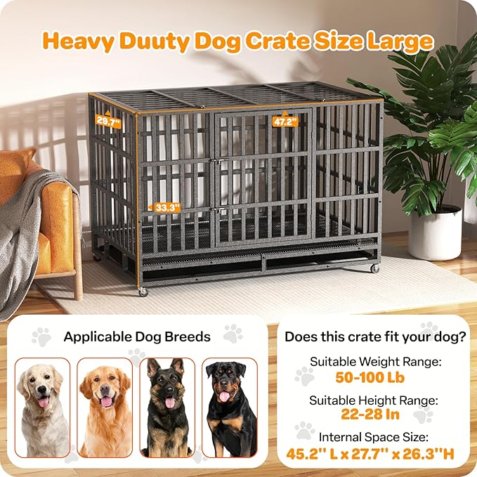 Heavy Duty Indestructible Dog Crate 48 Inch with Removable Tray, Sizes & Colors Optional, Escape Proof Double Door High Anxiety Cage Indoor, Kennel with Wheels for Large Dogs, XL XXL XXL