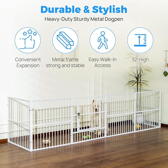 Dog Playpen - 32" Height Dog Pen, Heavy Duty Puppy Pen with Door, Safe & Sturdy, Easy Assemble for Indoor/Outdoor Pet Playpen (8 Panels with Door, White)