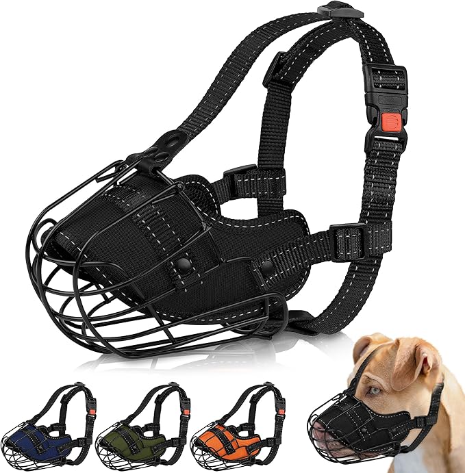 OOPSDOGGY Pitbull Dog Muzzle - Reflective Metal Mask with Wire Basket for Large Dogs - Soft Cage Muzzle to Prevent Biting & Chewing - Adjustable Nylon Straps (Black)