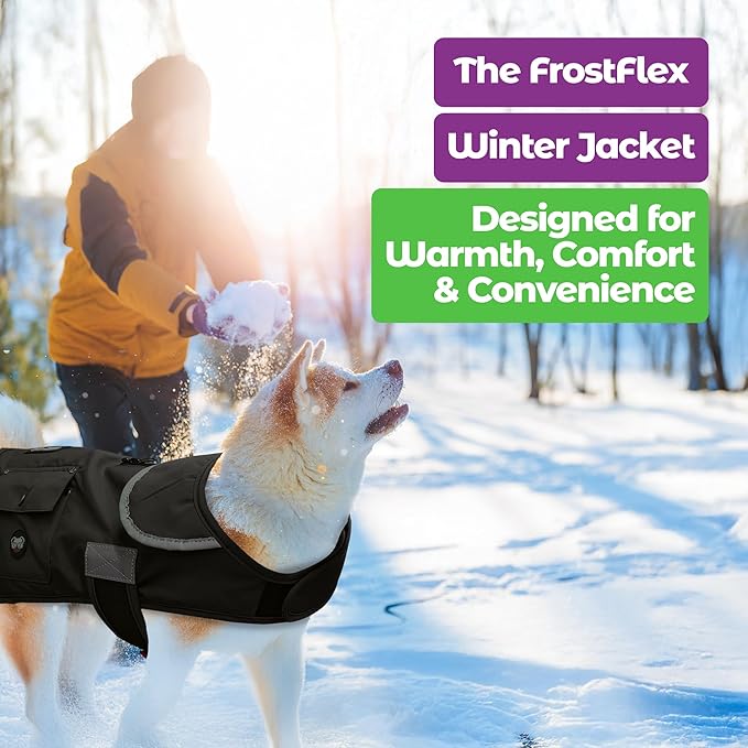 Joyride Harness FrostFlex Dog Winter Jacket - Fleece Lined & Water-Resistant - Snowsuit with Pockets for Treats & Poop Bags - Durable Cold Weather Dog Coat - Black Onyx-L