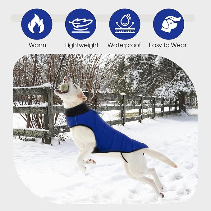 IDOMIK Waterproof Dog Winter Coat, Reflective Warm Dog Puffer Jacket with Harness Hole, Adjustable Lightweight Snow Jacket with Turtleneck, Pet Cold Weather Coats for Large Dogs,Blue,2XL