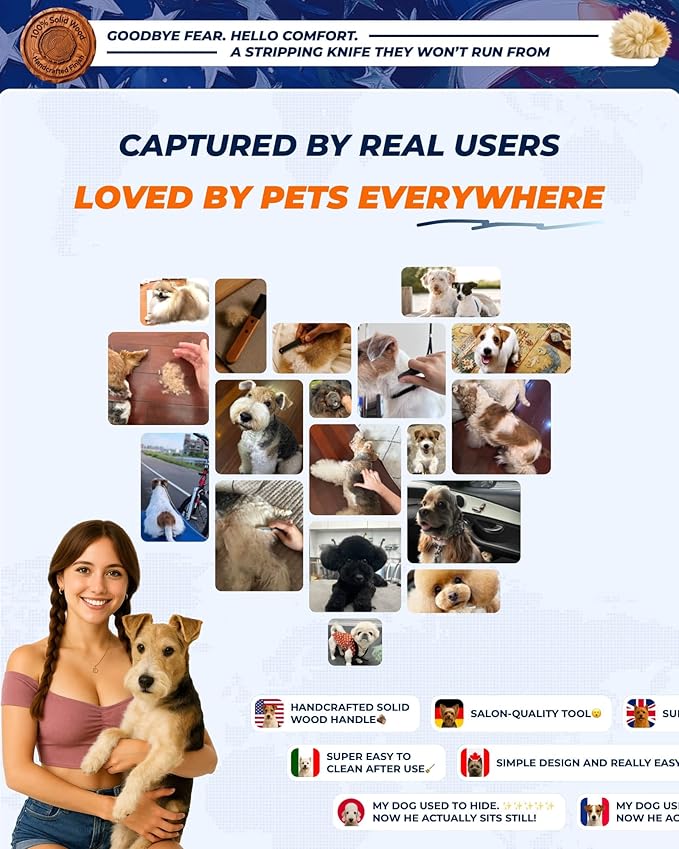 Stripping Knife for Dogs – Gentle Hand Stripping & Carding Knife for Terriers & Double-Coated Breeds, Solid Sapele Hardwood & Black Oxide Stainless Steel, Easy to Clean,Dog Grooming Tool(Left-Handed)