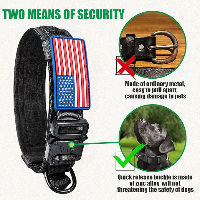 Tactical Military Collar - Adjustable Nylon, Heavy Duty Metal Buckle with Handle for Dog Training, with Patches (L, Black)