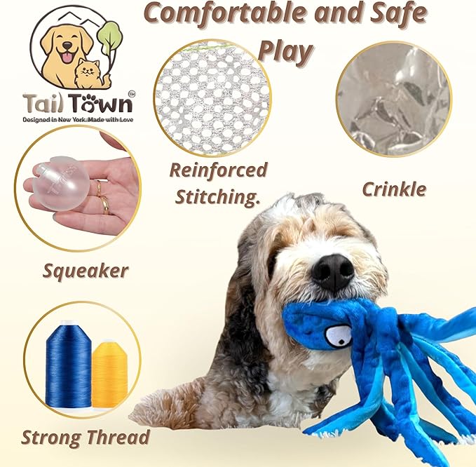 Octopus Dog Toy – Squeaky & Crinkle Plush – Durable No Stuffing Chew Toy for Small, Medium & Large Dogs – Interactive Pet-Safe Soft Toy for Tug, Fetch & Play – Blue– Tail Town