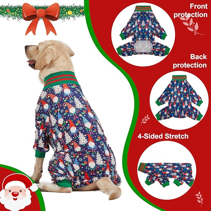 LovinPet Large Dog Christmas Pajamas - Lightweight Pullover Dog Onesie, Xmas Holiday Costume with FA La Navy Prints, A Gnome to Pitbull Clothes, XL