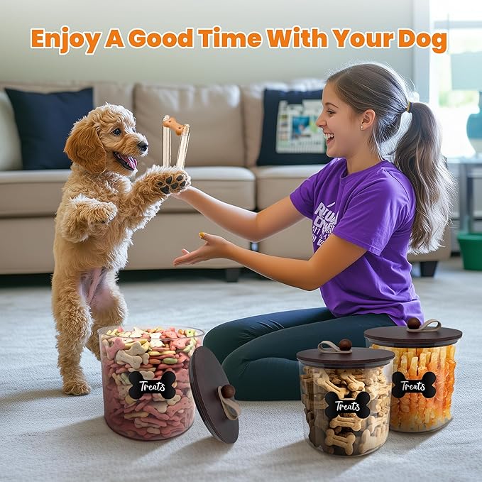 3 Pack Airtight Dog Food Storage Container, Dog Treat Container Dog Food Container with Wood Lids 8x7''&6x5'',Pet Food Storage Container,Cat Food Containers with Scoops,Clamp,Labels,Pens