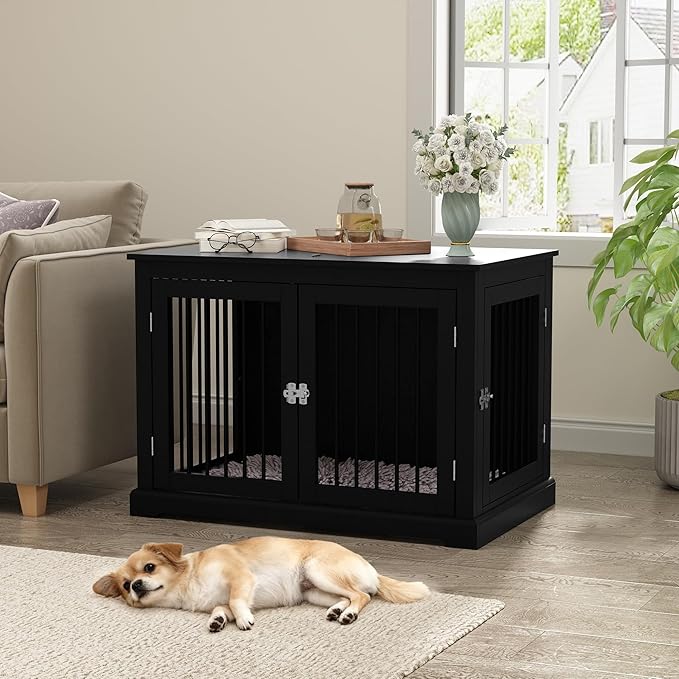 Furniture Style Dog Crate with Cushion, Dog Kennel Medium, Pet Crates, Dog Cage for Small and Medium Dogs, Decorative Dog Kennel with Flip-top Plate, Chew-Proof Metal Bars, Black