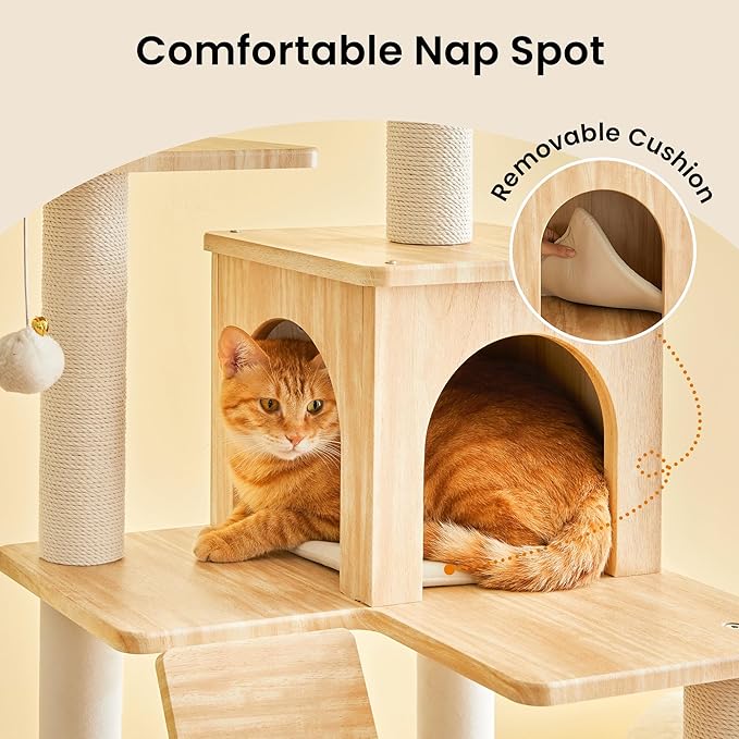 Modern Cat Tree - 64 inch Cat Tower for Indoor Cats, Multi-Level Cat Condo with 7 Fully Wrapped Scratching Posts, 2 Perches, Hammock, Removable Pad & Dangling Balls-Light Brown