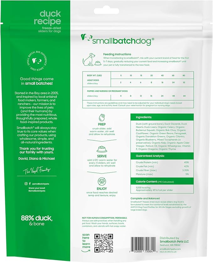 smallbatch Pets Freeze Dried Raw Dog Food, Duck Recipe, 25 oz, Organic High Protein Dog Food, Grain Free, Made in The USA, Humanely Raised Meat, Single Protein, for Picky Eaters, Hydrate & Serve