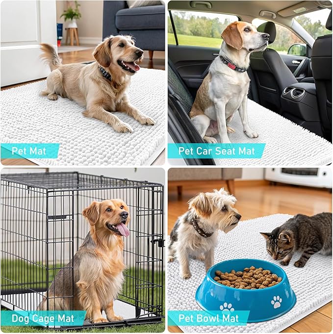 OLANLY Dog Door Mat for Muddy Paws 24x16, Absorbs Moisture and Dirt, Absorbent Non-Slip Washable Doormat, Quick Dry Chenille Mud Mat for Dogs, Entry Indoor Entryway Carpet for Inside Floor, White