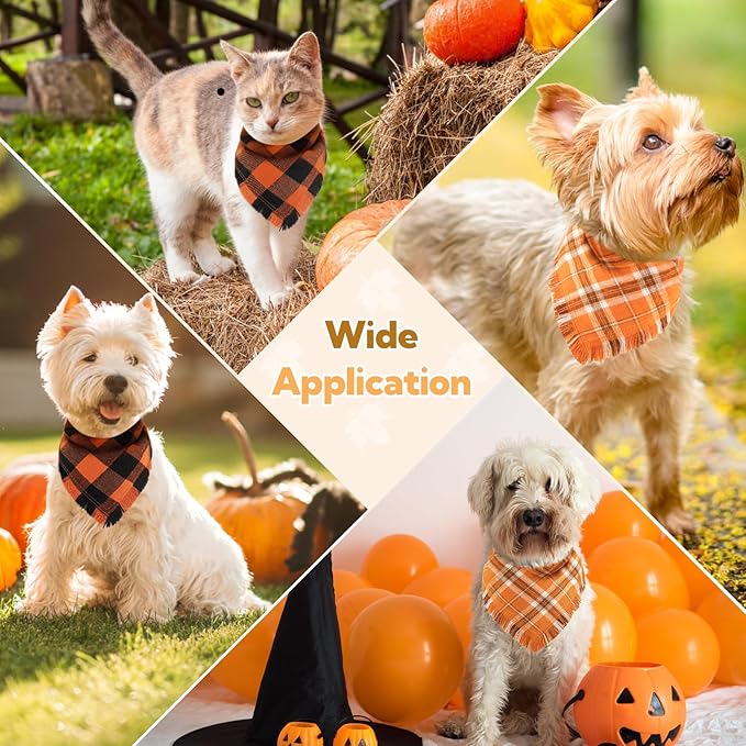 Kytely Fall Dog Bandana 2 Pack, Halloween Thanksgiving Dog Bandanas, Orange Plaid Pet Scarf for Boy and Girl, Holiday Bandana Reversible Triangle Bibs Accessories for Dogs Pets Small
