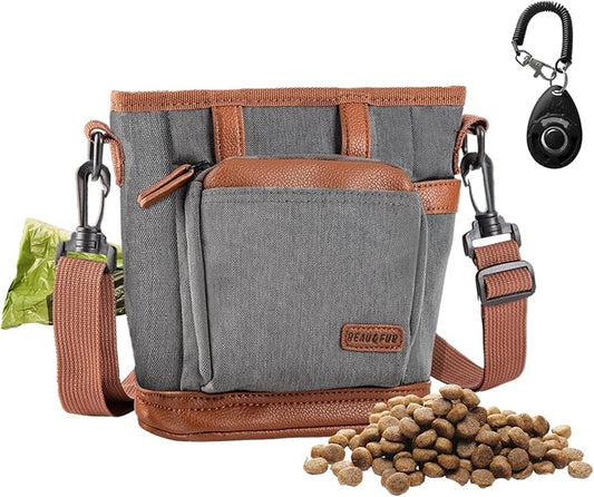 BEAU&FUR Large Dog Treat Pouch with Clicker for Training – 4 Cup Capacity, Built-In Poop Bag Dispenser, Expandable Pocket, Metal Buckle, Large Back Pocket, Ideal Design for Walks and Training – Grey
