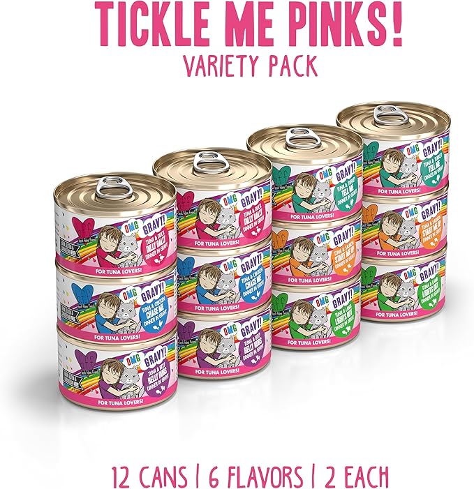 Weruva B.F.F. OMG - Best Feline Friend Oh My Gravy!, Tickle Me Pinks! Variety Pack, 2.8oz Can (Pack of 12)