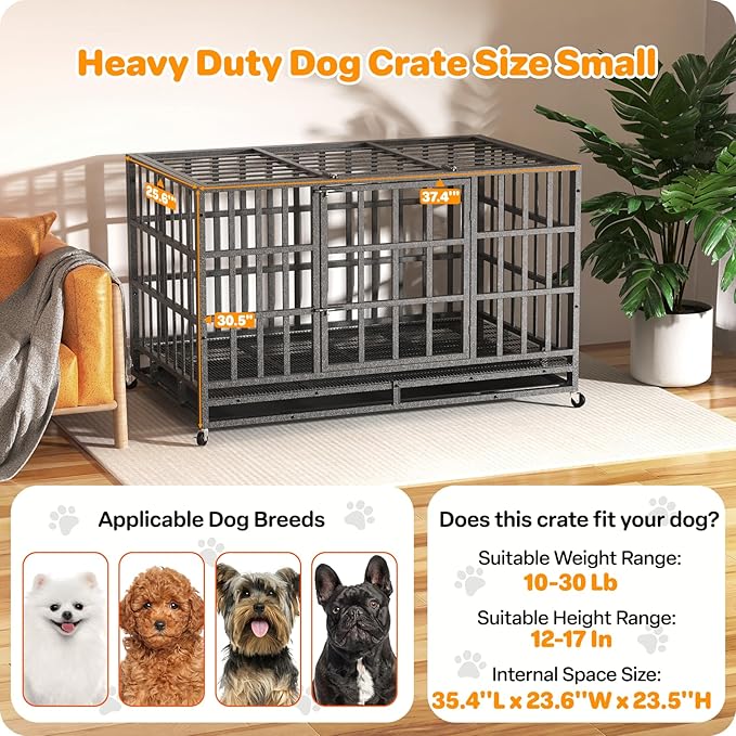 Heavy Duty Indestructible Dog Crate 38 Inch with Removable Tray, Sizes & Colors Optional, Escape Proof Double Door High Anxiety Cage Indoor, Kennel with Wheels for Large Dogs, XL XXL XXL