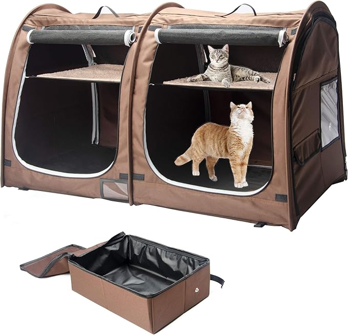 Mispace Portable Twin Compartment Show House Cat Cage/Condo - Easy to Fold & Carry Kennel - Comfy Puppy Home & Dog Travel Crate with Portable Carry Bag/Two Hammocks/Mats and Collapsible Litter Box