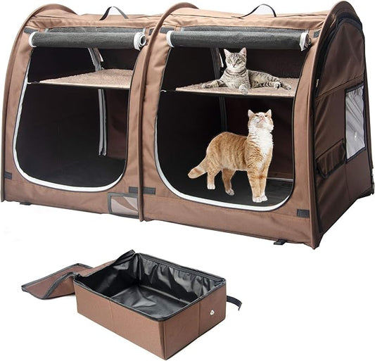 Mispace Portable Twin Compartment Show House Cat Cage/Condo - Easy to Fold & Carry Kennel - Comfy Puppy Home & Dog Travel Crate with Portable Carry Bag/Two Hammocks/Mats and Collapsible Litter Box