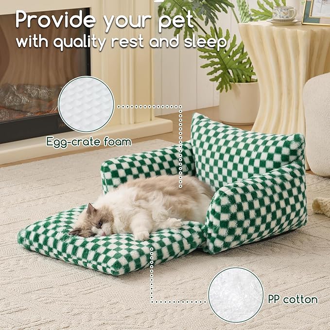 Hollypet Cat Bed Fluffy Plush Mutifuctional Double-Layer Soft Pet Couch Orthopedic Sofa Nest Beds for Small Cats and Dogs, Forest Green and White (25x20x13 inch)