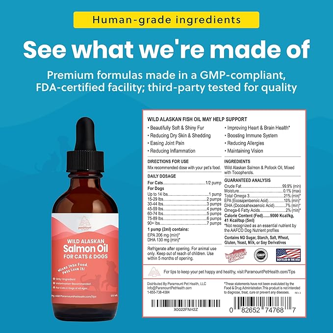 Wild Alaskan Salmon Oil for Cats & Small Dogs, Supports Skin, Coat, Joint & Overall Well-Being, Pure & Premium Alaskan Salmon Oil for Dogs & Cats with No Fillers, 2 oz