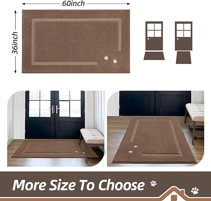 BEQHAUSE Dog Door Mat for Muddy Paws 36"x60" Dirt Trapper Absorbent Doormat Non Slip Entryway Rugs Washable Stain Resistant Welcome Floor Mat Soft Low-Profile for Front Back Door, Brown