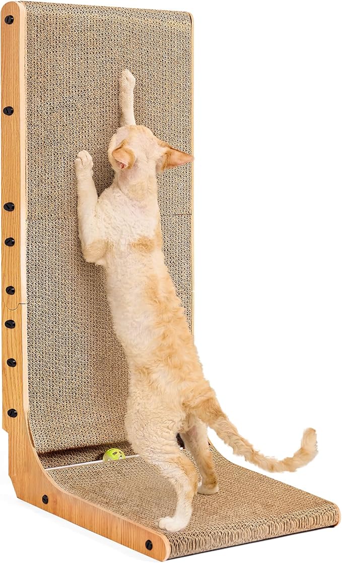 EHEYCIGA Cardboard Cat Scratcher for Indoor Cats, 32 Inch L Shaped Vertical Cat Scratching Board with Ball Cat Toy, Extra Large Cat Scratcher Pad, Brown