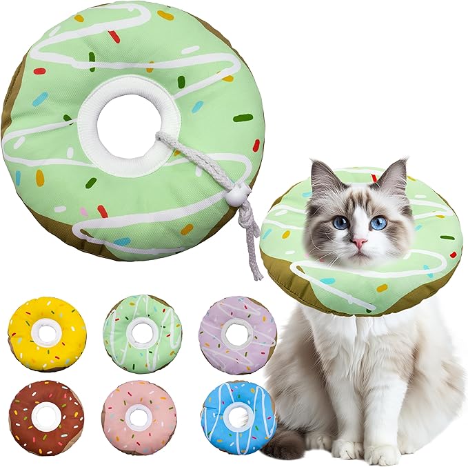 Cat Cone Collar Soft, Adjustable Cat Recovery Collar Kitten Cones to Stop Licking, Cute Donut E Collar After Surgery, Cats Neck Pillow Cone Elizabethan Cones of Shame (Waterproof Green, Large)