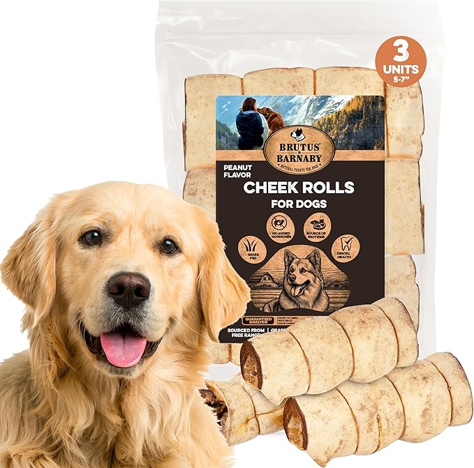 Premium Beef Cheek Rolls for Dogs 5-7" - (3-Pack), Peanut Butter Flavored Long Lasting, Safe & Natural Rawhide Alternative Chews, Ideal for Large Dogs & Aggressive Chewers, Supports Dental Health