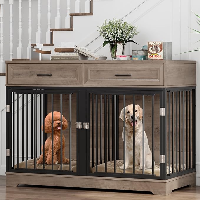 Dog Crate Furniture 47" Wooden Dog Kennels for Dogs Indoor with a Removable Divider for Large/Medium/Small Dogs, 2 Storage Drawers and Large Tabletop Dog Cages Double Doors Dog House, Rustic