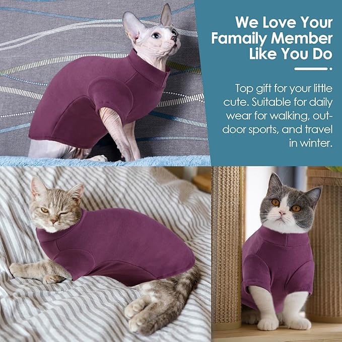 SUNFURA Turtleneck Sweater for Cat, Sphynx Cats Shirt Hairless Cat Sweaters with Sleeves, Warm and Soft Kitten Pullover Fleece Winter Pajamas Jumpsuit for Puppy Cats, Purple XL