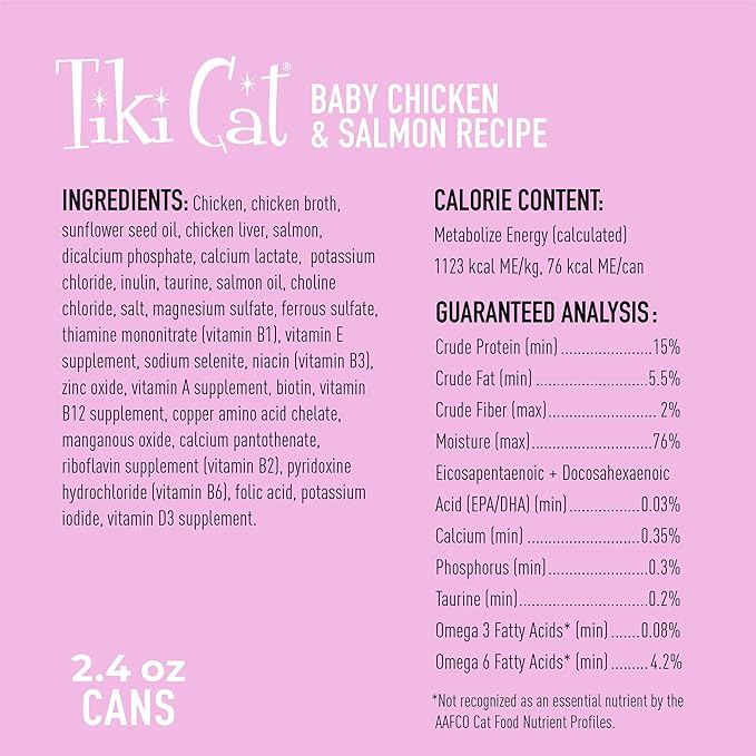 Tiki Cat Baby, Chicken & Salmon, High-Protein and 100% Non-GMO Ingredients, Wet Cat Food for Kittens 8 Weeks+, 2.4 oz. Can (12 Count)