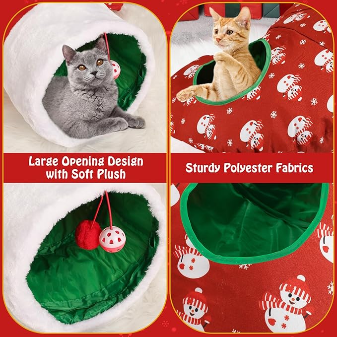 Pawaboo Cat Tunnel Christmas Sock with Bell Balls, Upgraded 2 Way Cat Tunnel Interactive Toy, Pet Xmas Stocking with Crinkle Paper & Strong Spring-Steel Frame for Cat Kitten Kitty, Red Snowman